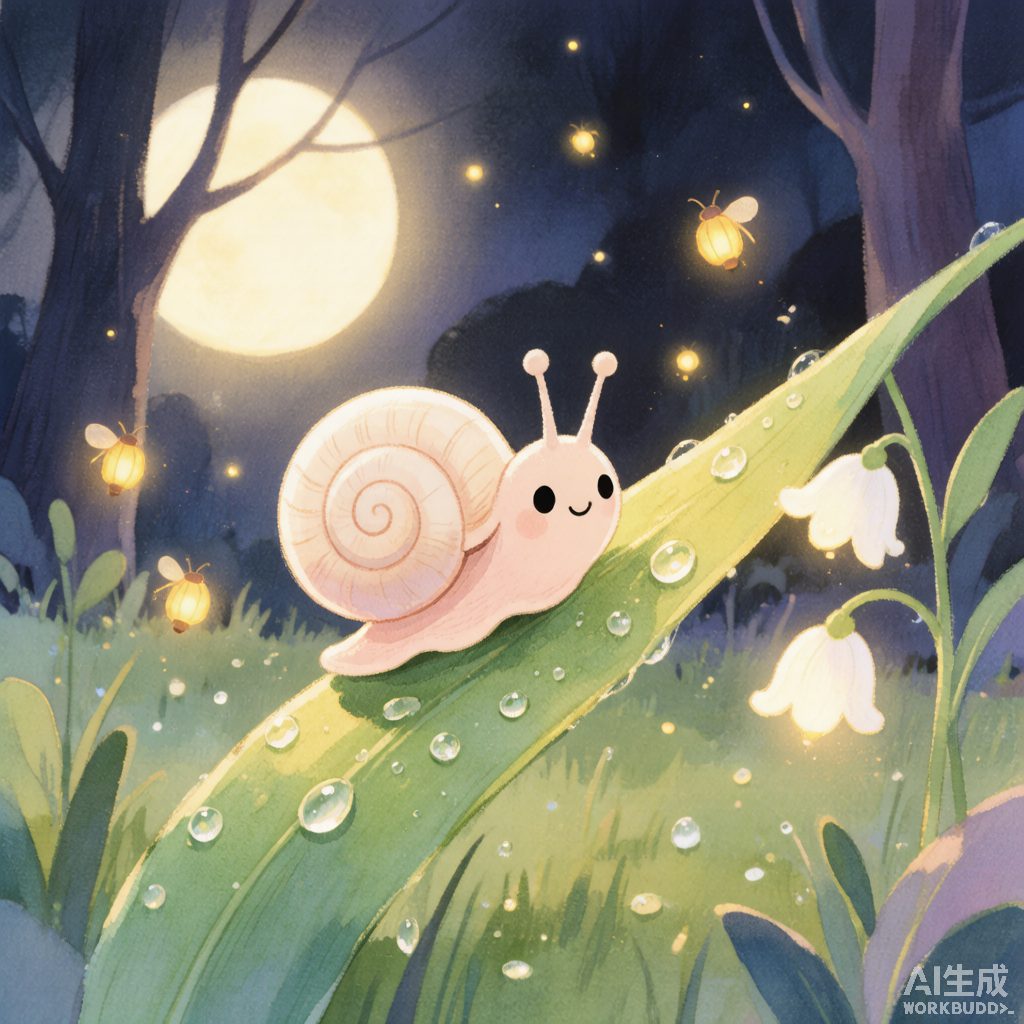 小蜗牛慢慢和闪着光的草叶